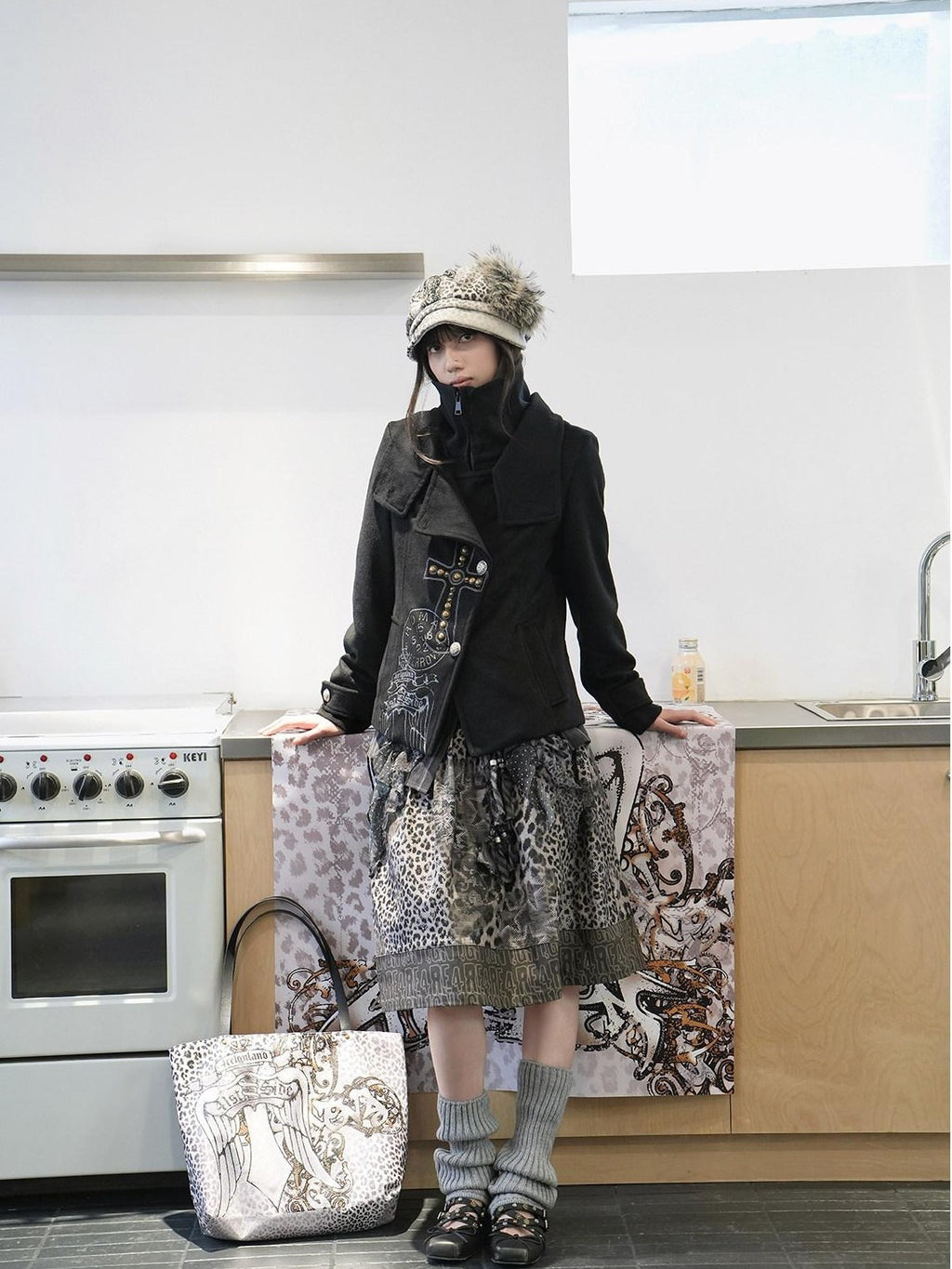 4RE1GN Vintage Cross Print Studded Faux Two Piece Women's Wool Blend Wool Coats