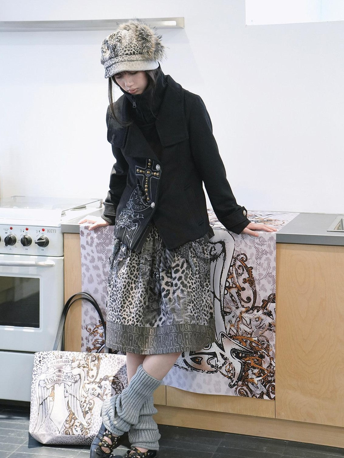 4RE1GN Vintage Cross Print Studded Faux Two Piece Women's Wool Blend Wool Coats