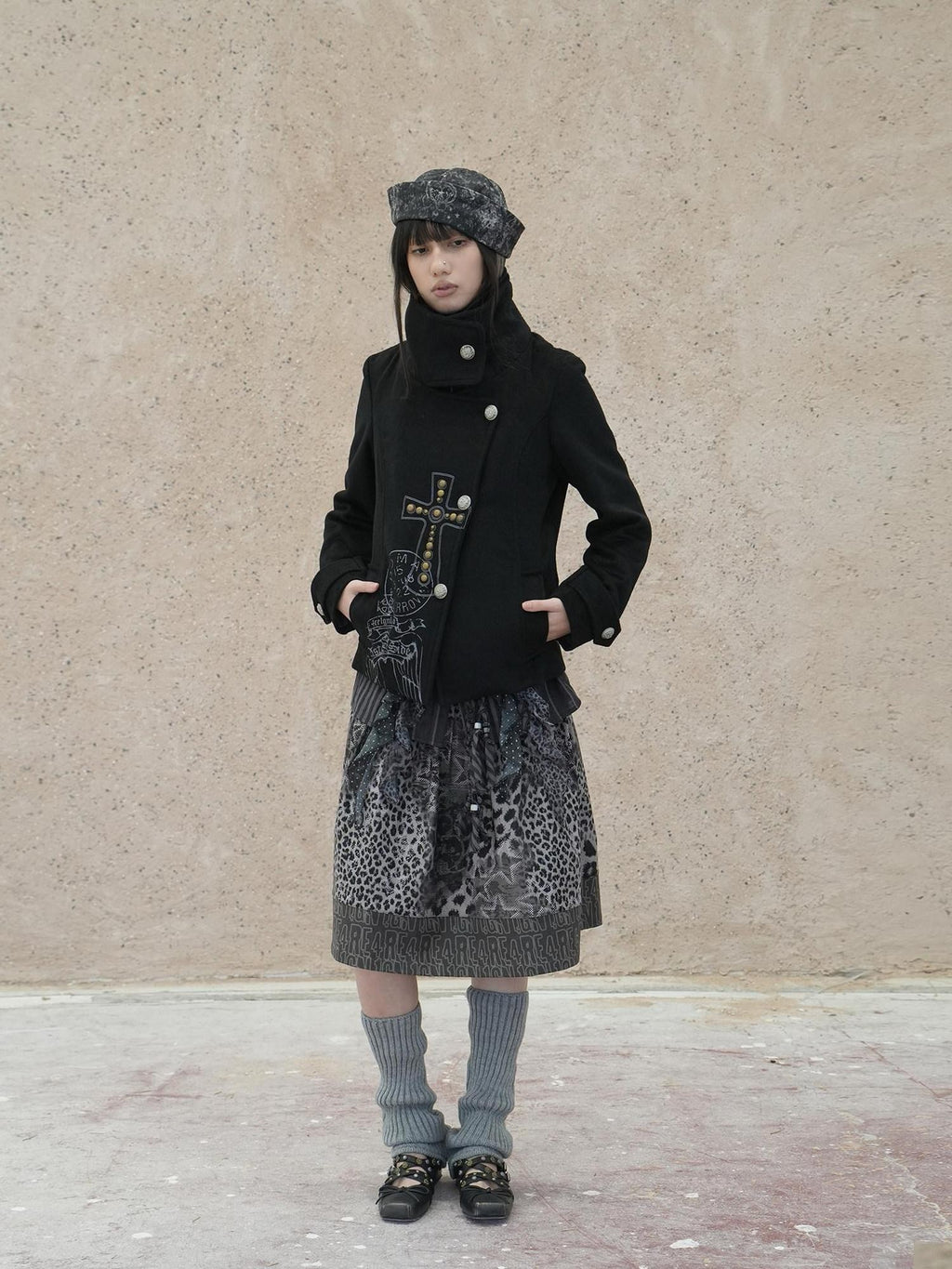 4RE1GN Vintage Cross Print Studded Faux Two Piece Women's Wool Blend Wool Coats