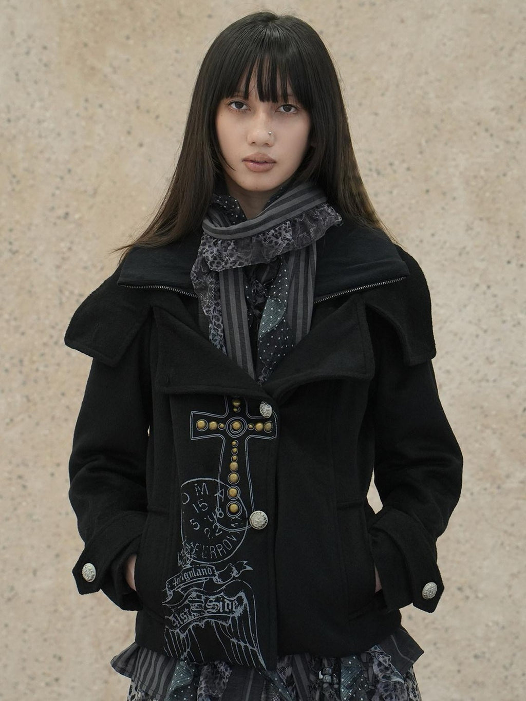 4RE1GN Vintage Cross Print Studded Faux Two Piece Women's Wool Blend Wool Coats