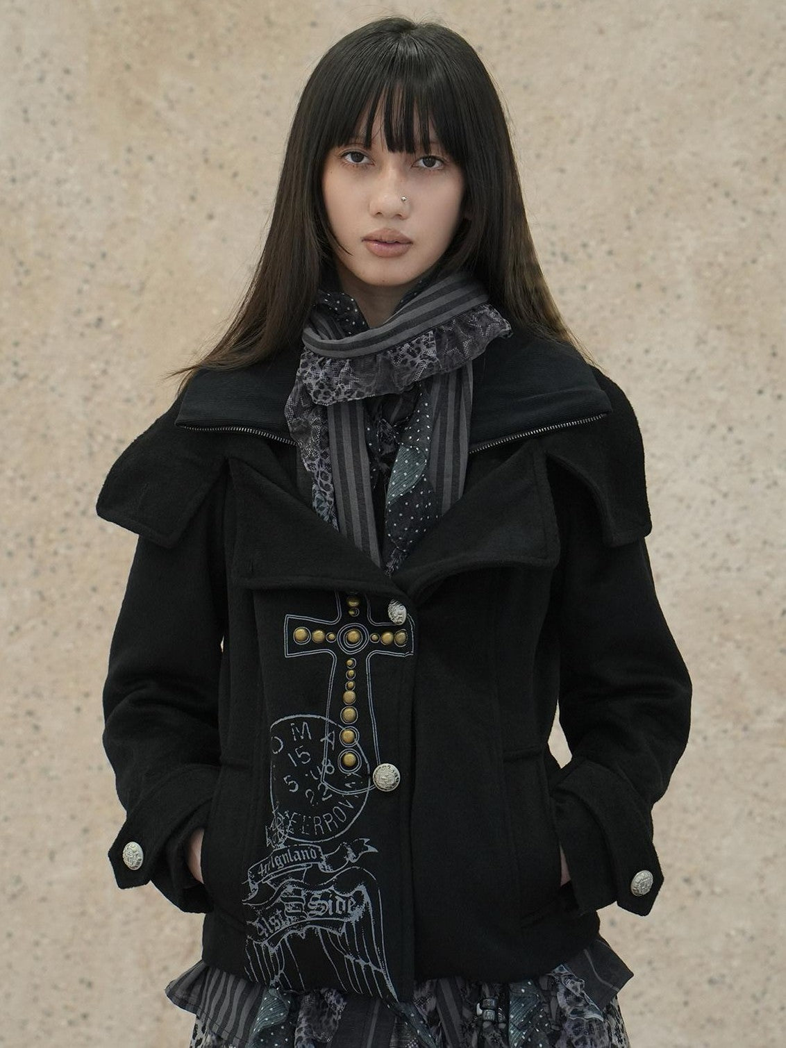 4RE1GN Vintage Cross Print Studded Faux Two Piece Women's Wool Blend Wool Coats