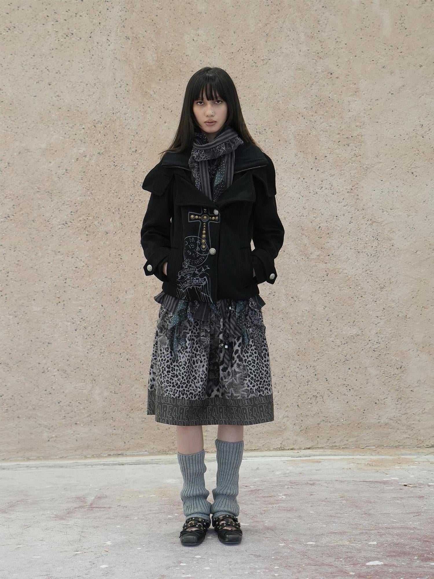 4RE1GN Vintage Cross Print Studded Faux Two Piece Women's Wool Blend Wool Coats