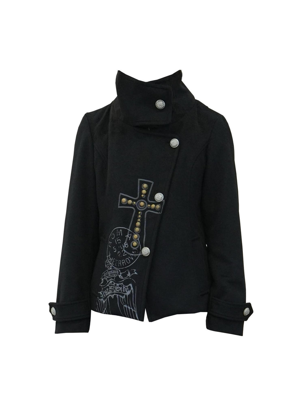 4RE1GN Vintage Cross Print Studded Faux Two Piece Women's Wool Blend Wool Coats