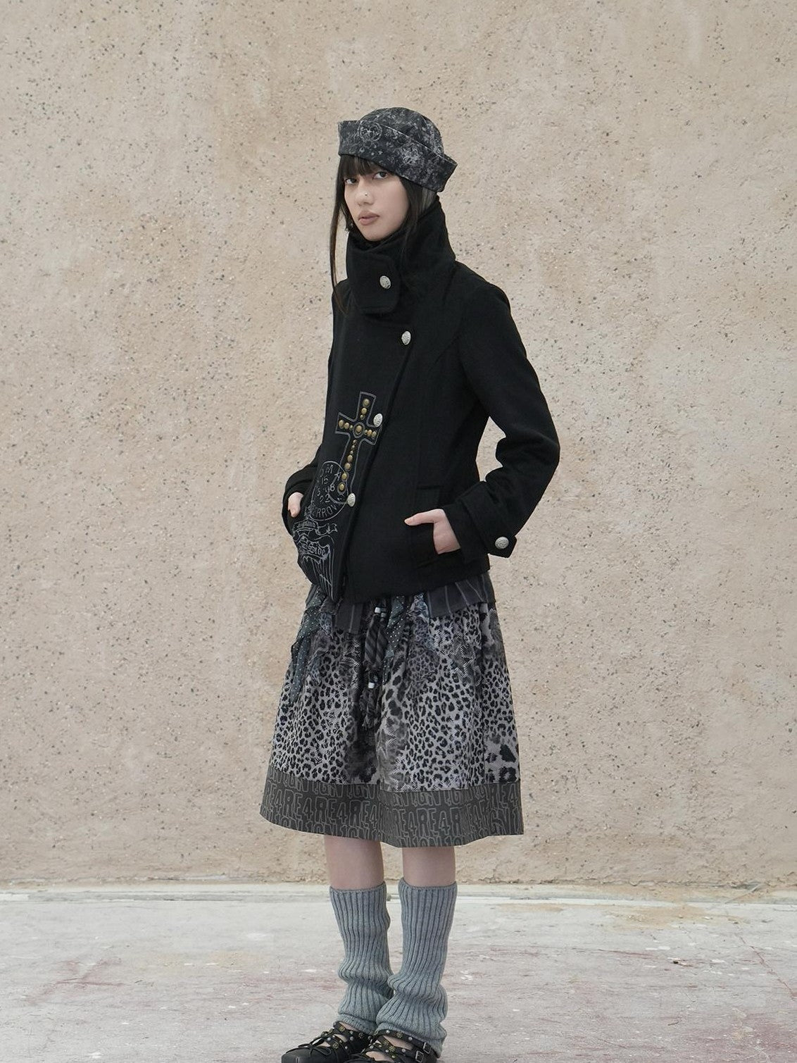4RE1GN Vintage Cross Print Studded Faux Two Piece Women's Wool Blend Wool Coats