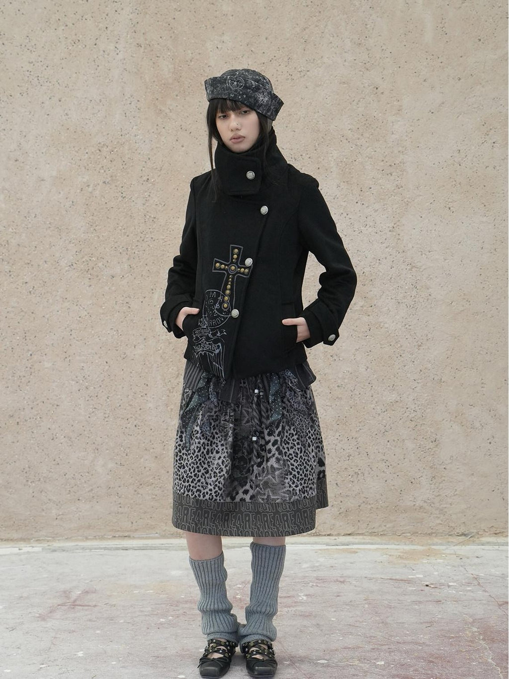 4RE1GN Vintage Cross Print Studded Faux Two Piece Women's Wool Blend Wool Coats