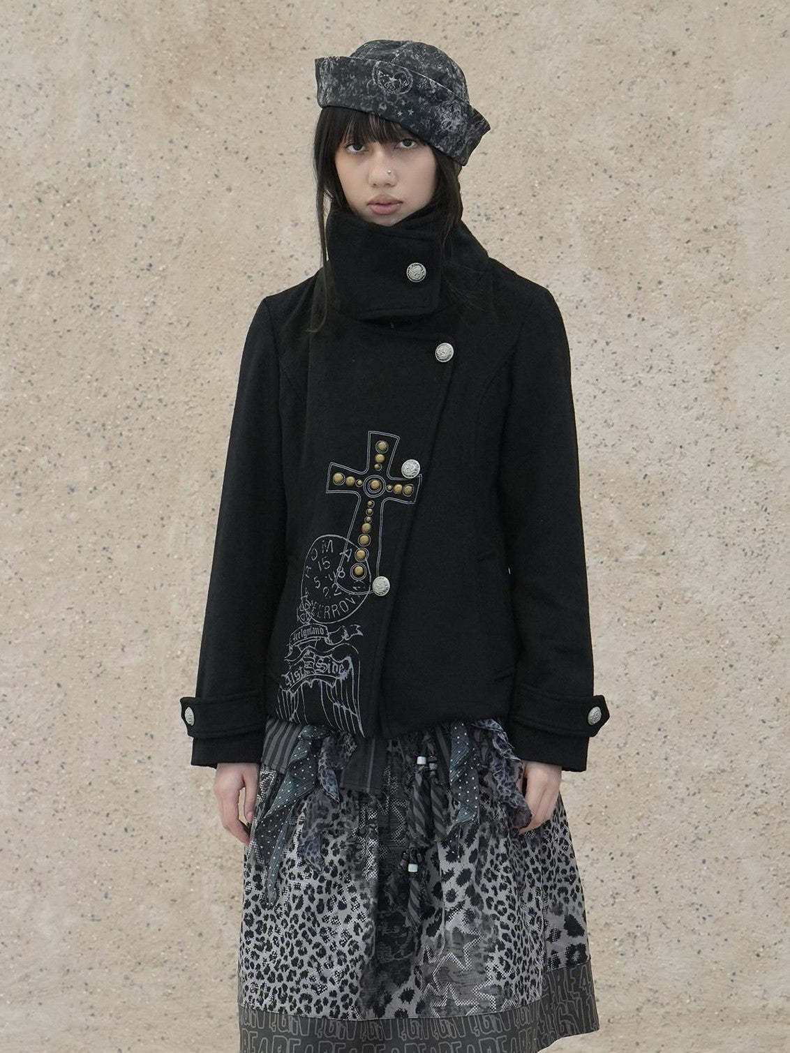 4RE1GN Vintage Cross Print Studded Faux Two Piece Women's Wool Blend Wool Coats