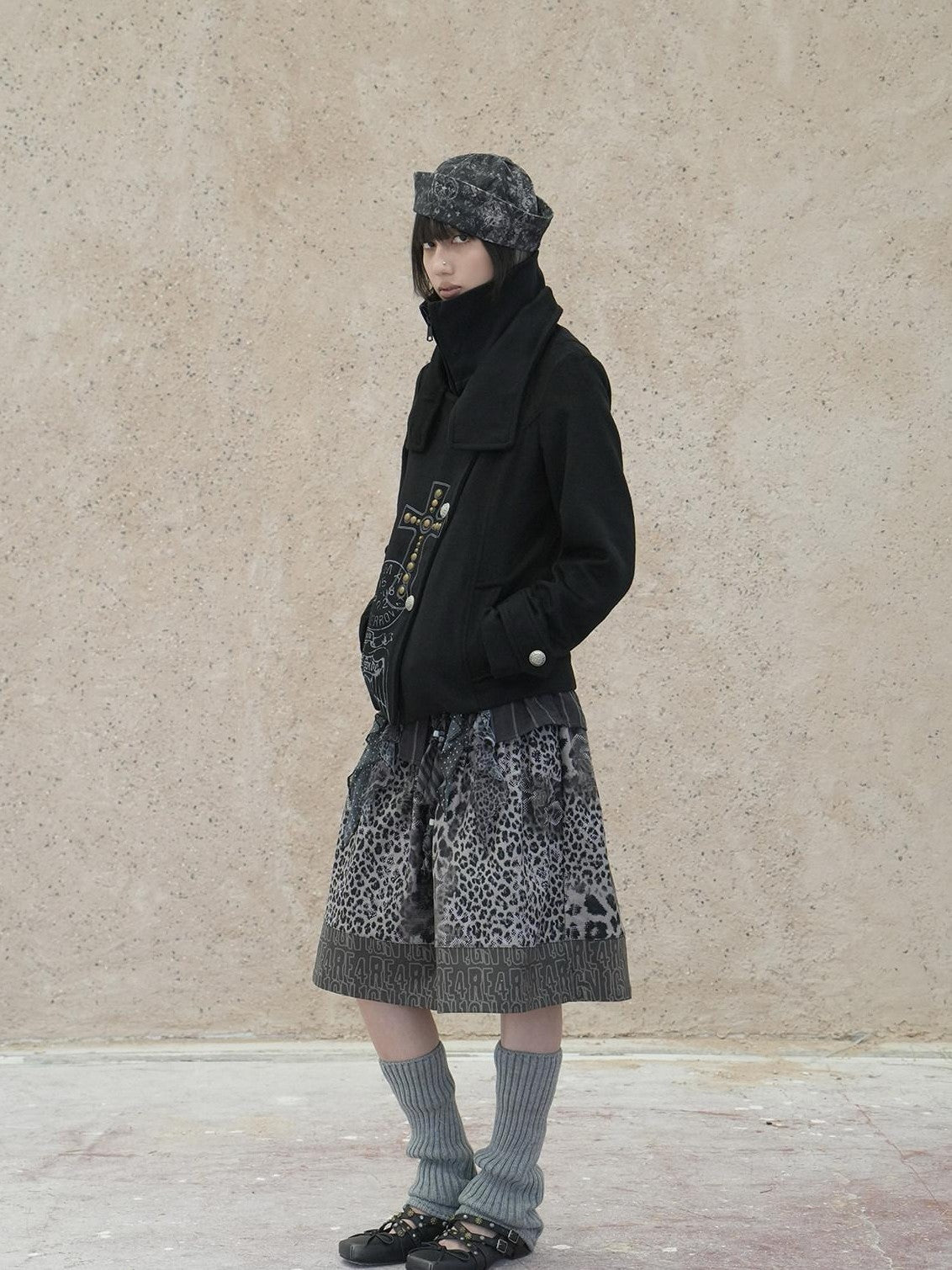 4RE1GN Vintage Cross Print Studded Faux Two Piece Women's Wool Blend Wool Coats