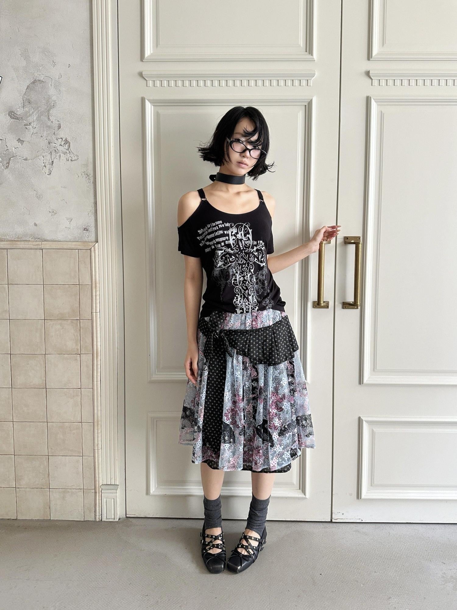 4RE1GN Vintage Floral Jacquard Crisscross Ribbon Spliced Women's Lace Midi Skirts