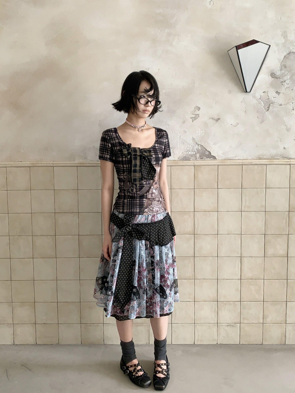 4RE1GN Vintage Floral Jacquard Crisscross Ribbon Spliced Women's Lace Midi Skirts