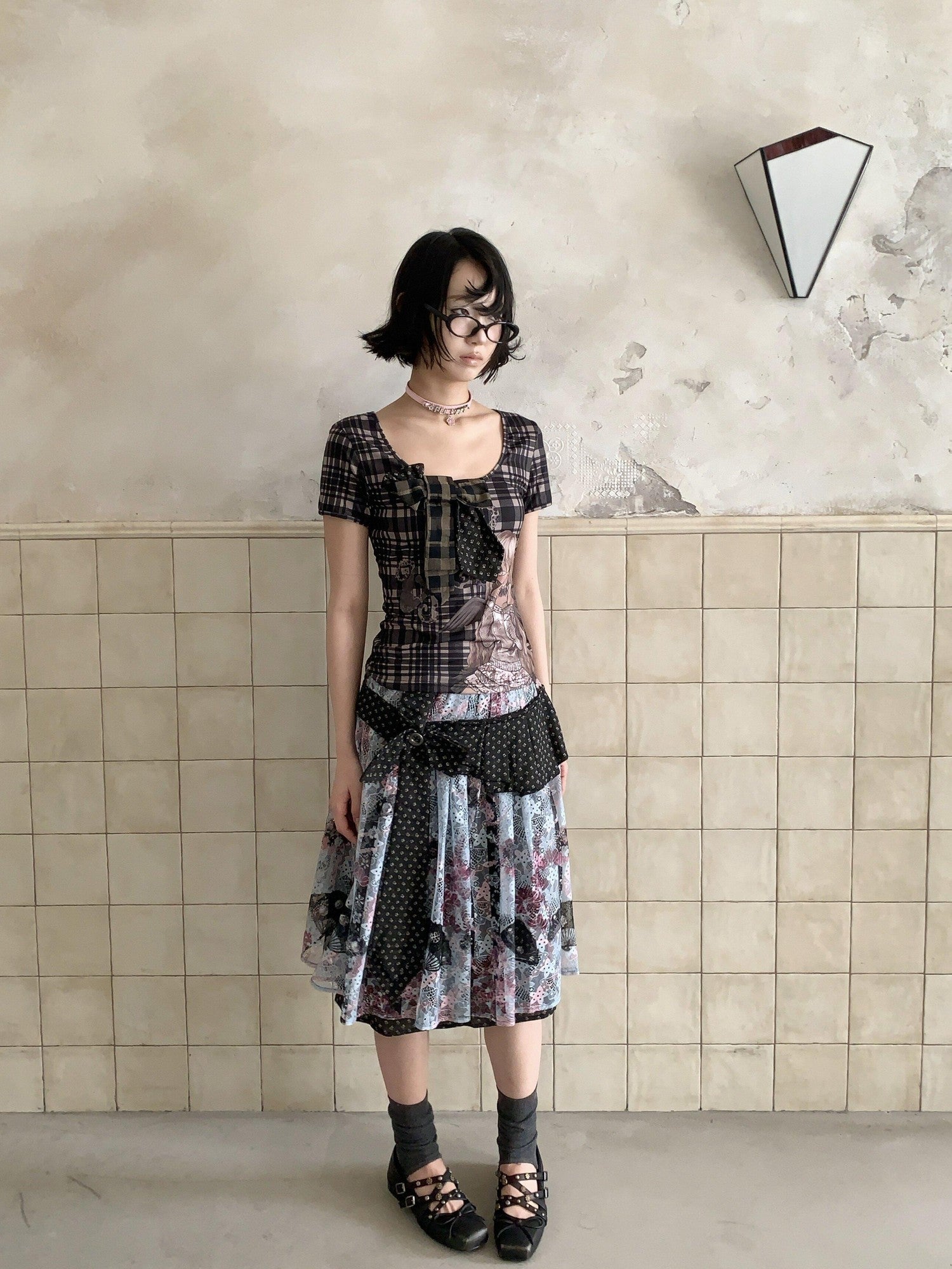 4RE1GN Vintage Floral Jacquard Crisscross Ribbon Spliced Women's Lace Midi Skirts