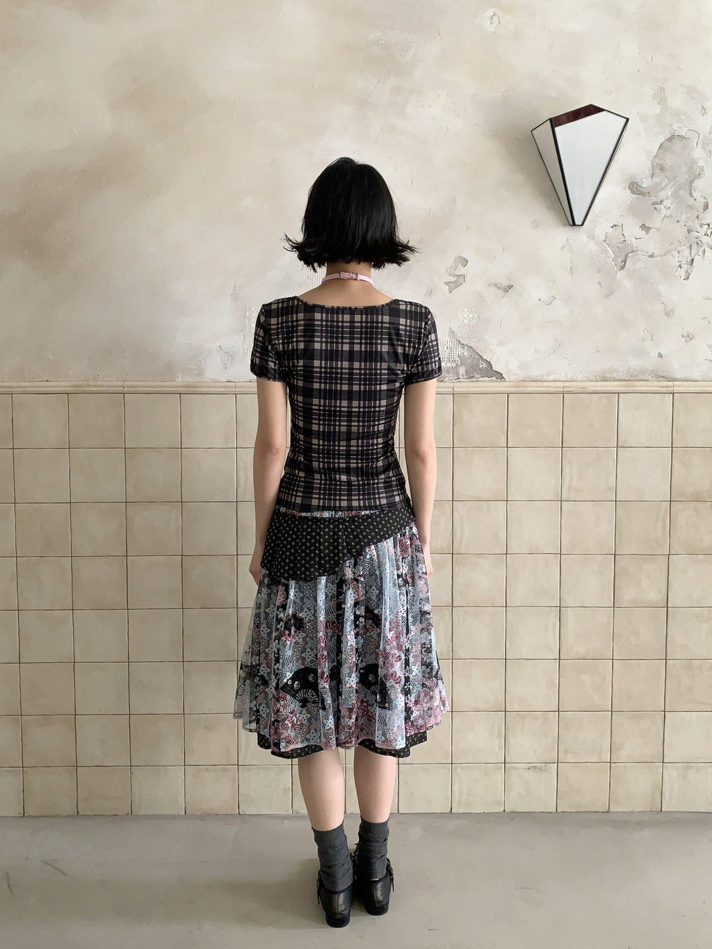 4RE1GN Vintage Floral Jacquard Crisscross Ribbon Spliced Women's Lace Midi Skirts