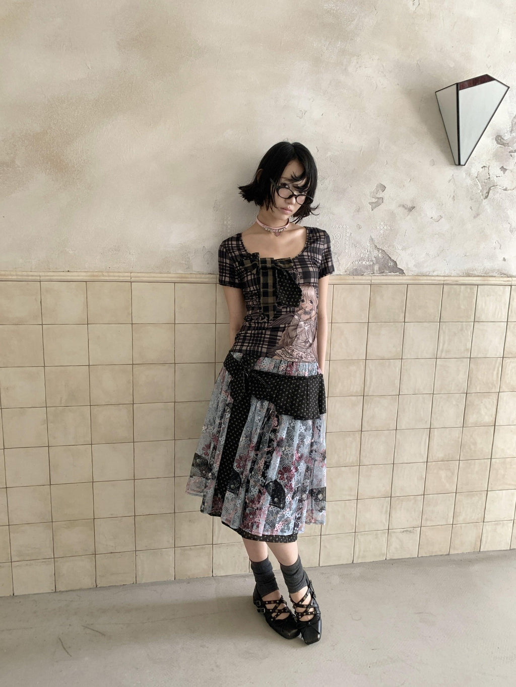4RE1GN Vintage Floral Jacquard Crisscross Ribbon Spliced Women's Lace Midi Skirts