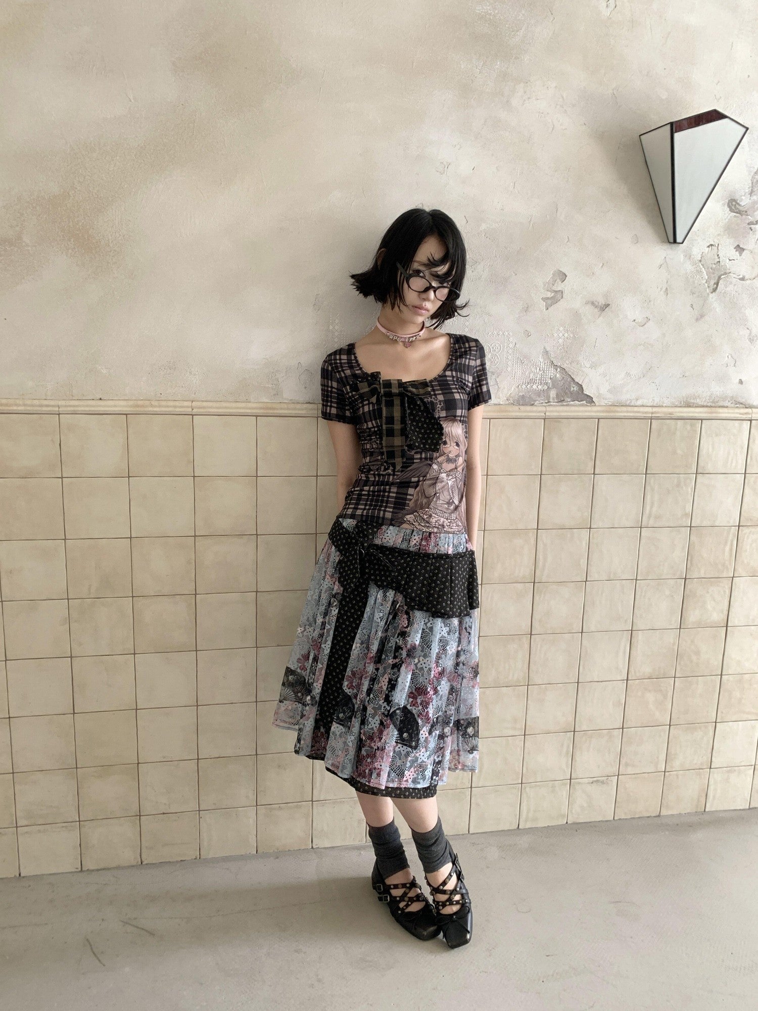 4RE1GN Vintage Floral Jacquard Crisscross Ribbon Spliced Women's Lace Midi Skirts