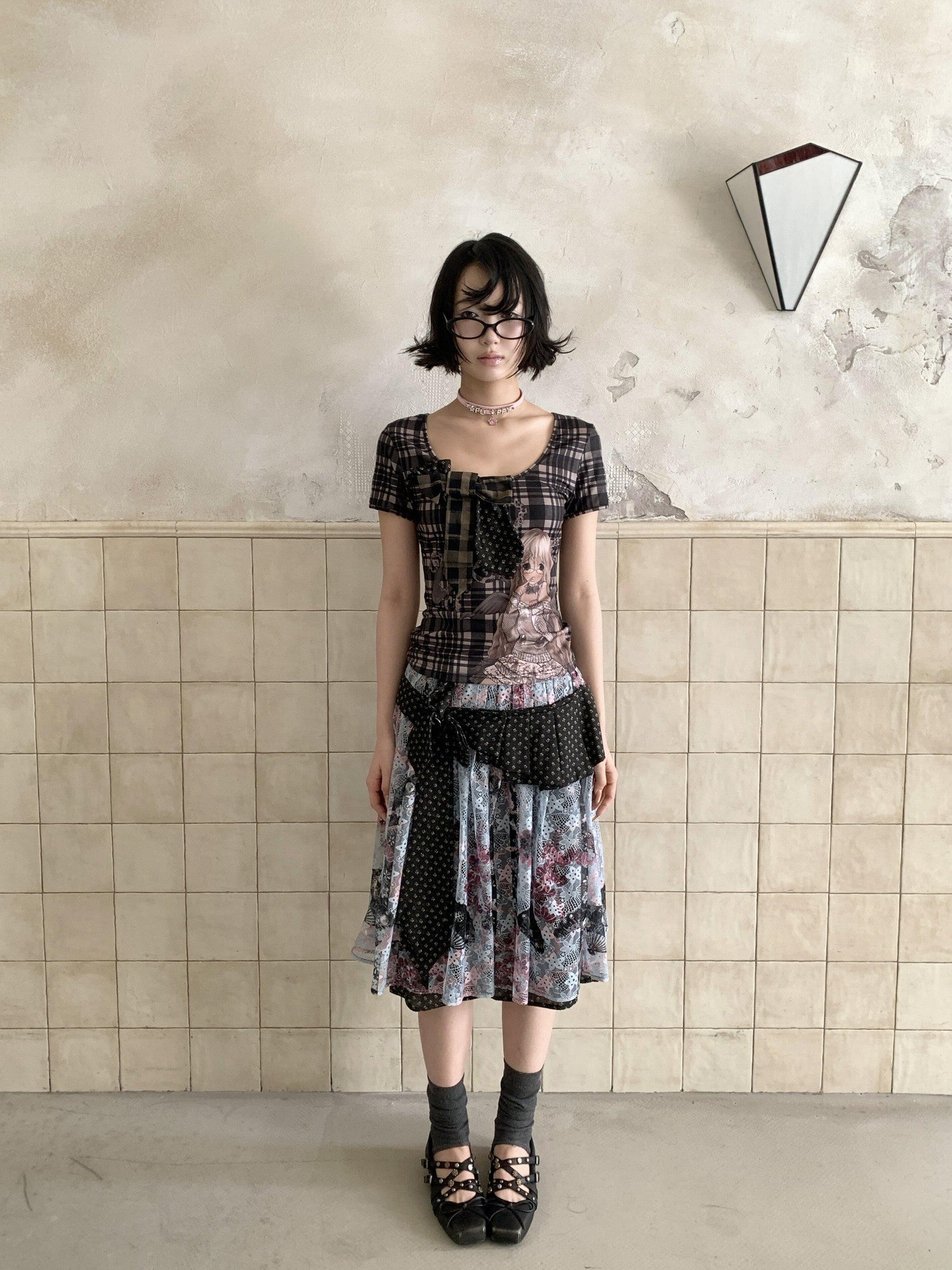 4RE1GN Vintage Floral Jacquard Crisscross Ribbon Spliced Women's Lace Midi Skirts