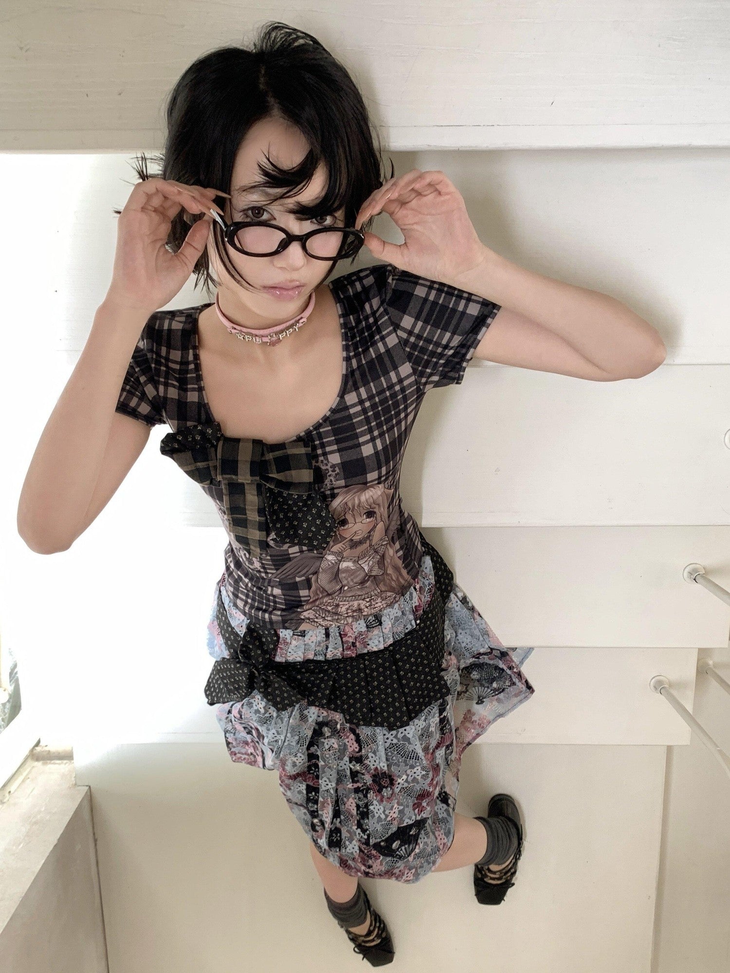 4RE1GN Vintage Floral Jacquard Crisscross Ribbon Spliced Women's Lace Midi Skirts