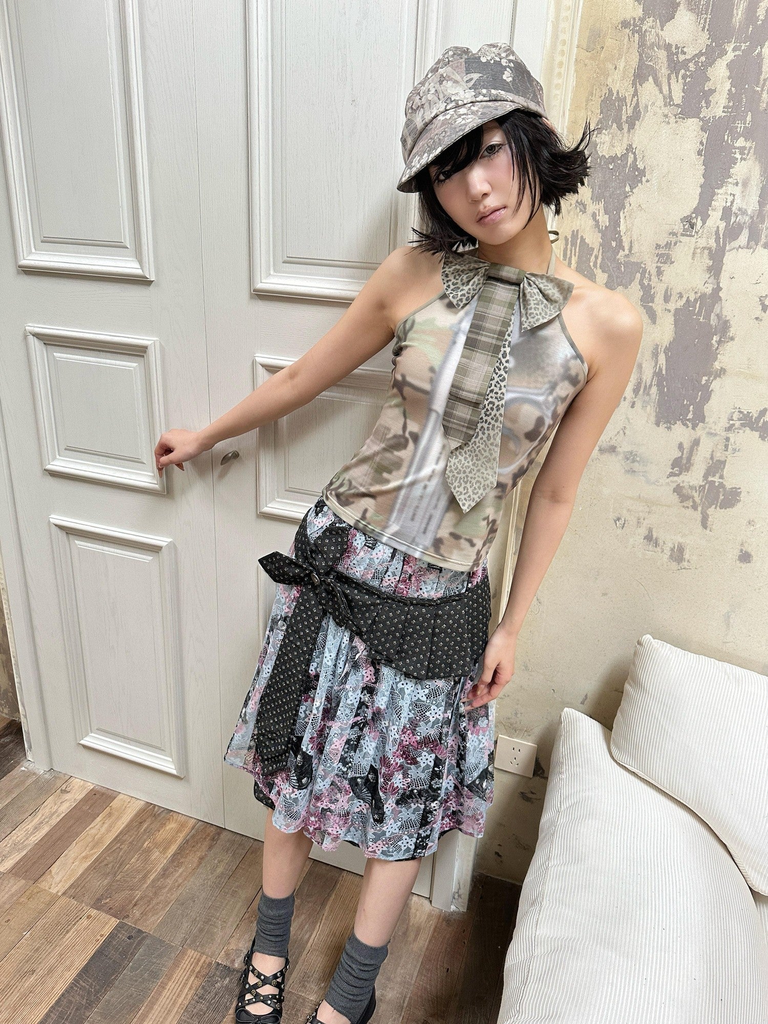 4RE1GN Vintage Floral Jacquard Crisscross Ribbon Spliced Women's Lace Midi Skirts