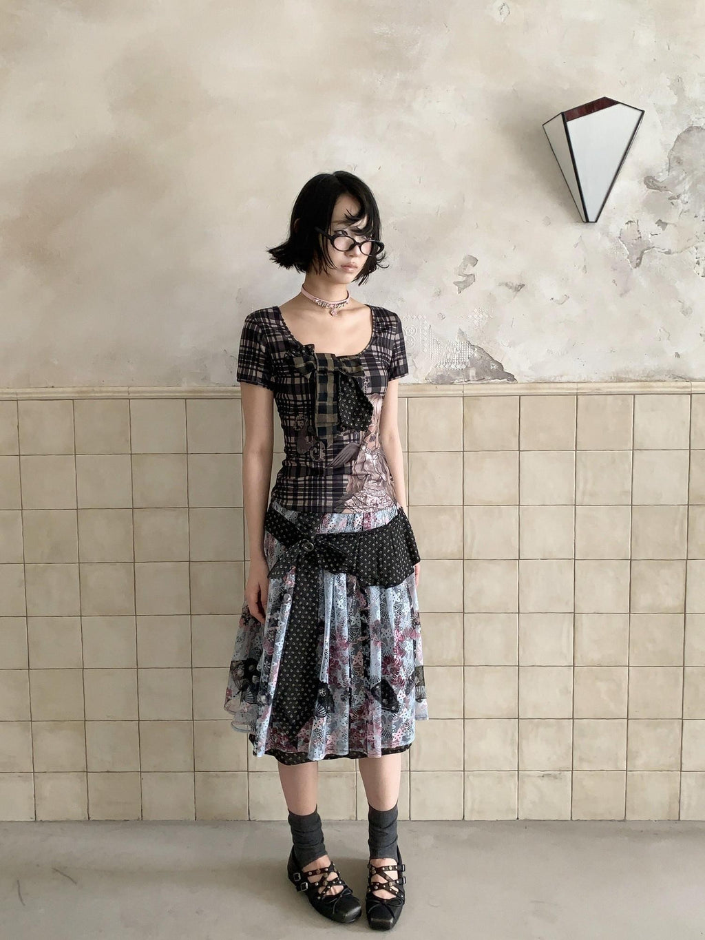 4RE1GN Vintage Floral Jacquard Crisscross Ribbon Spliced Women's Lace Midi Skirts