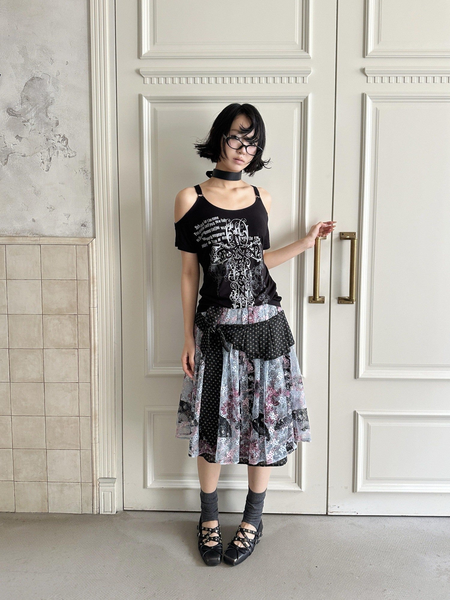 4RE1GN Vintage Floral Jacquard Crisscross Ribbon Spliced Women's Lace Midi Skirts
