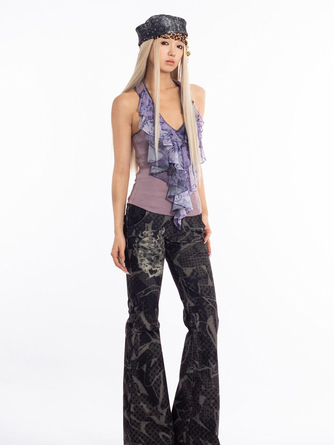 4RE1GN Vintage Floral Print Ruffle Splice Halter Strap Women's Tank Tops