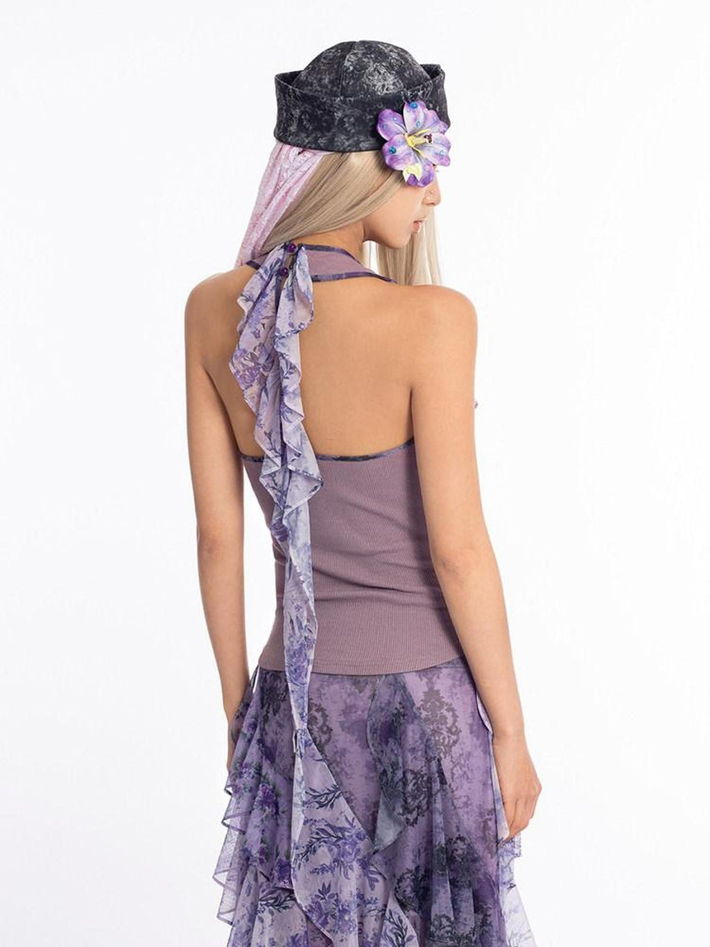4RE1GN Vintage Floral Print Ruffle Splice Halter Strap Women's Tank Tops
