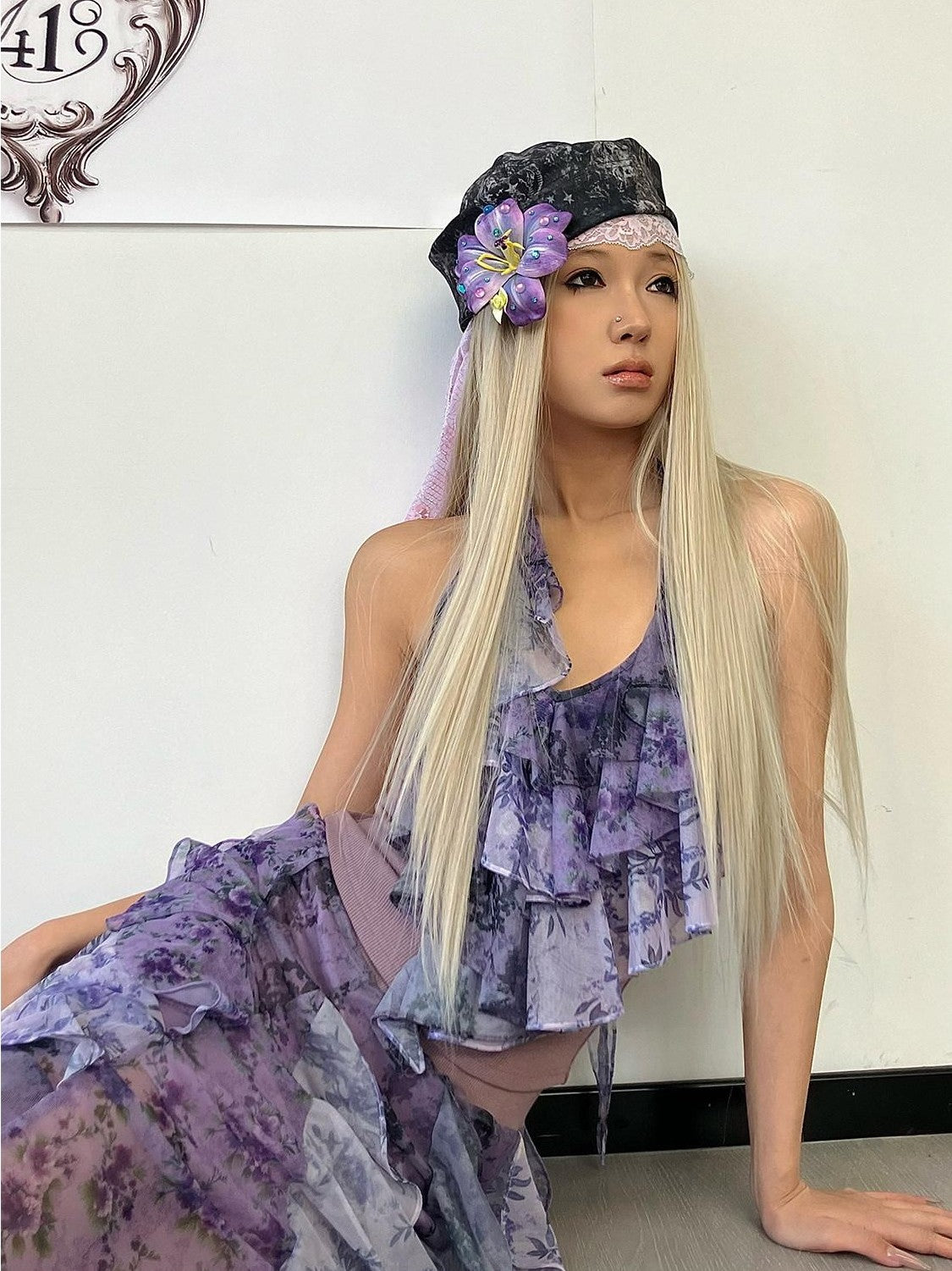 4RE1GN Vintage Floral Print Ruffle Splice Halter Strap Women's Tank Tops