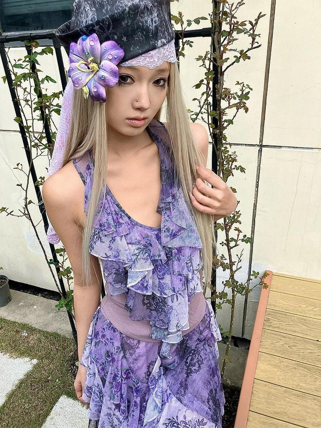 4RE1GN Vintage Floral Print Ruffle Splice Halter Strap Women's Tank Tops