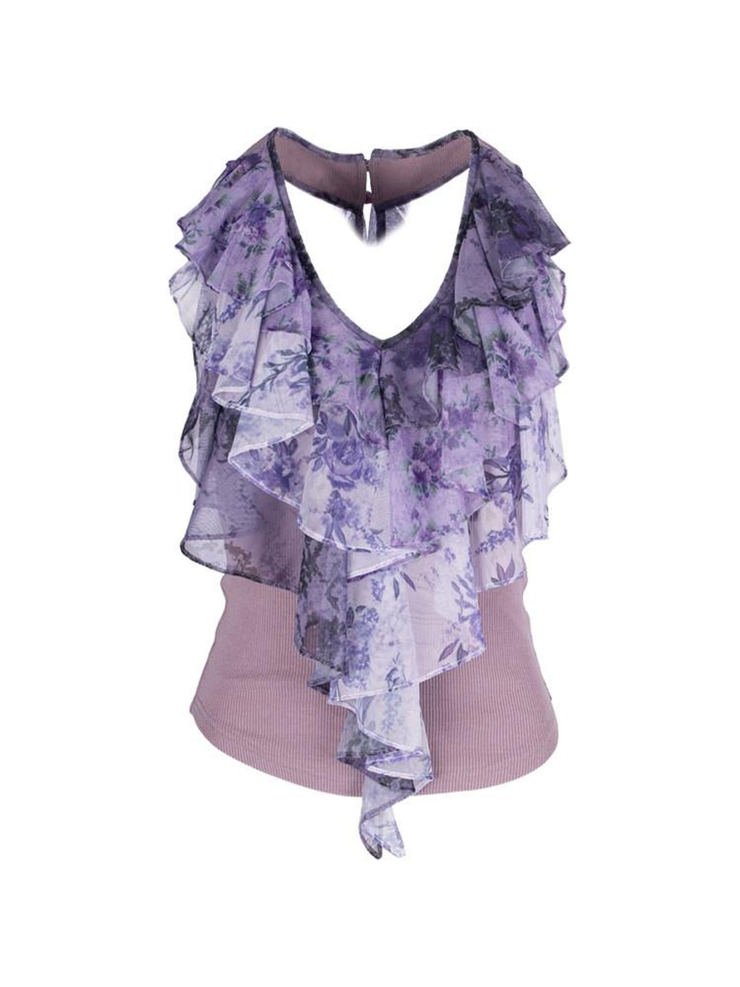 4RE1GN Vintage Floral Print Ruffle Splice Halter Strap Women's Tank Tops