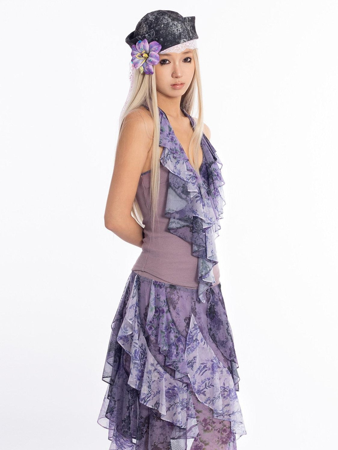 4RE1GN Vintage Floral Print Ruffle Splice Halter Strap Women's Tank Tops