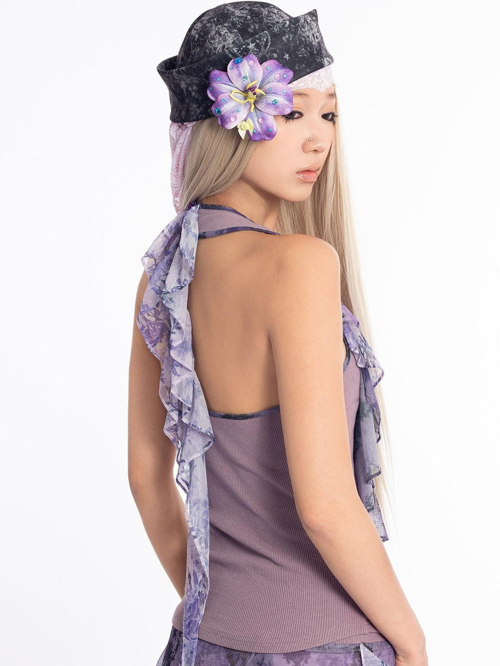 4RE1GN Vintage Floral Print Ruffle Splice Halter Strap Women's Tank Tops