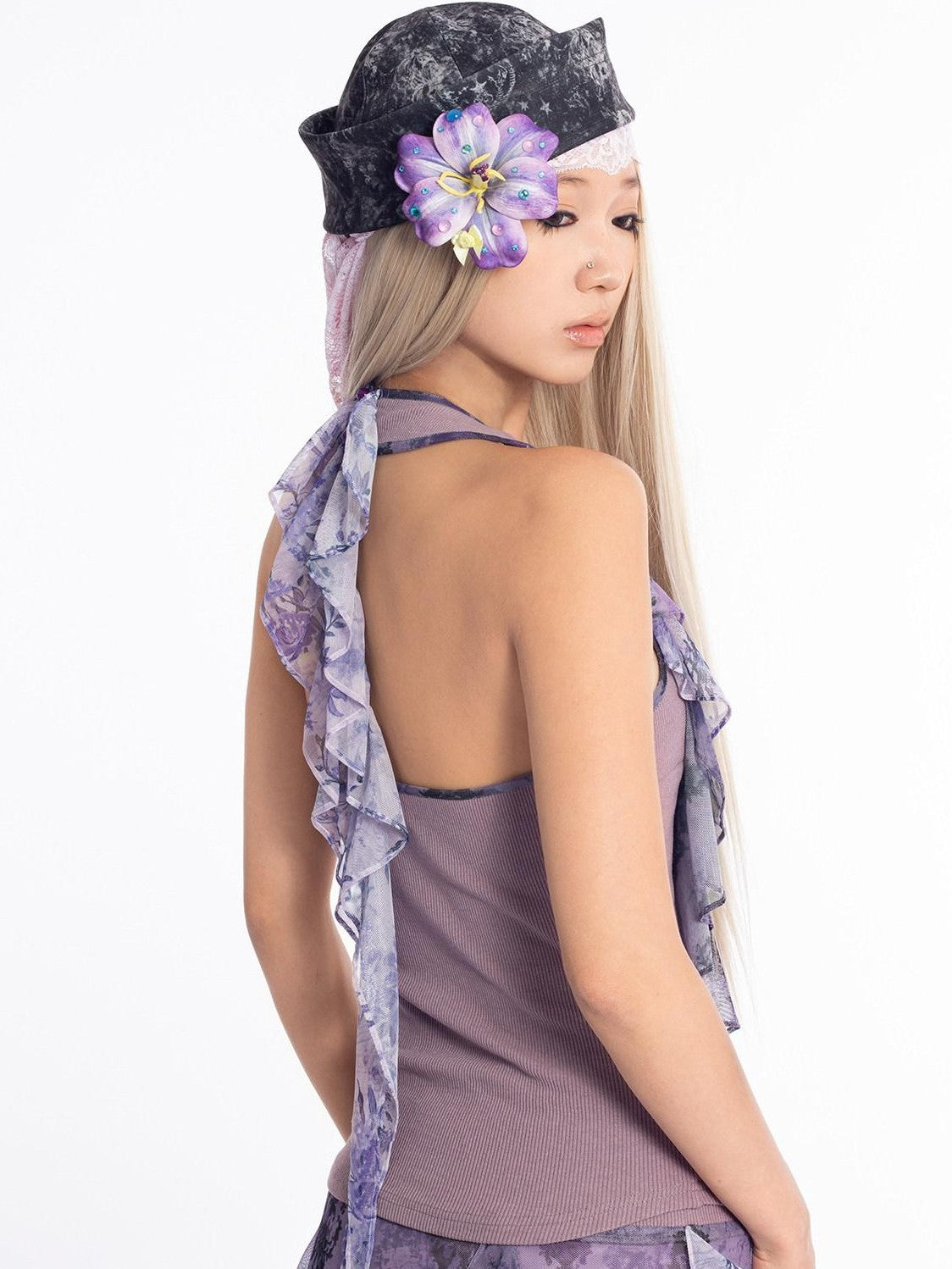 4RE1GN Vintage Floral Print Ruffle Splice Halter Strap Women's Tank Tops
