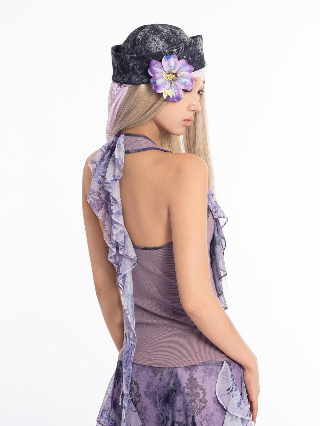 4RE1GN Vintage Floral Print Ruffle Splice Halter Strap Women's Tank Tops