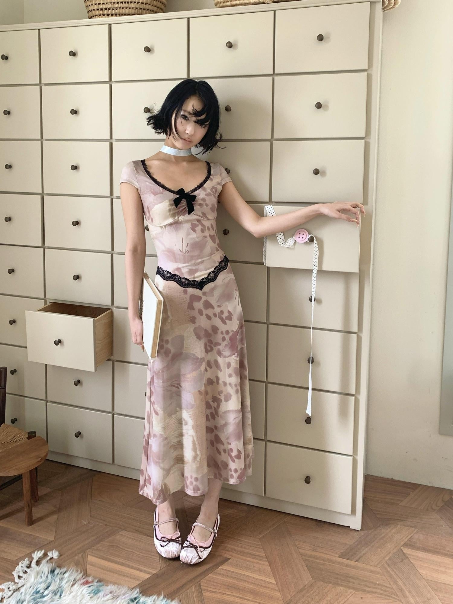 4RE1GN Vintage Lace Splice Leopard Floral Print Women's Casual Maxi Dresses