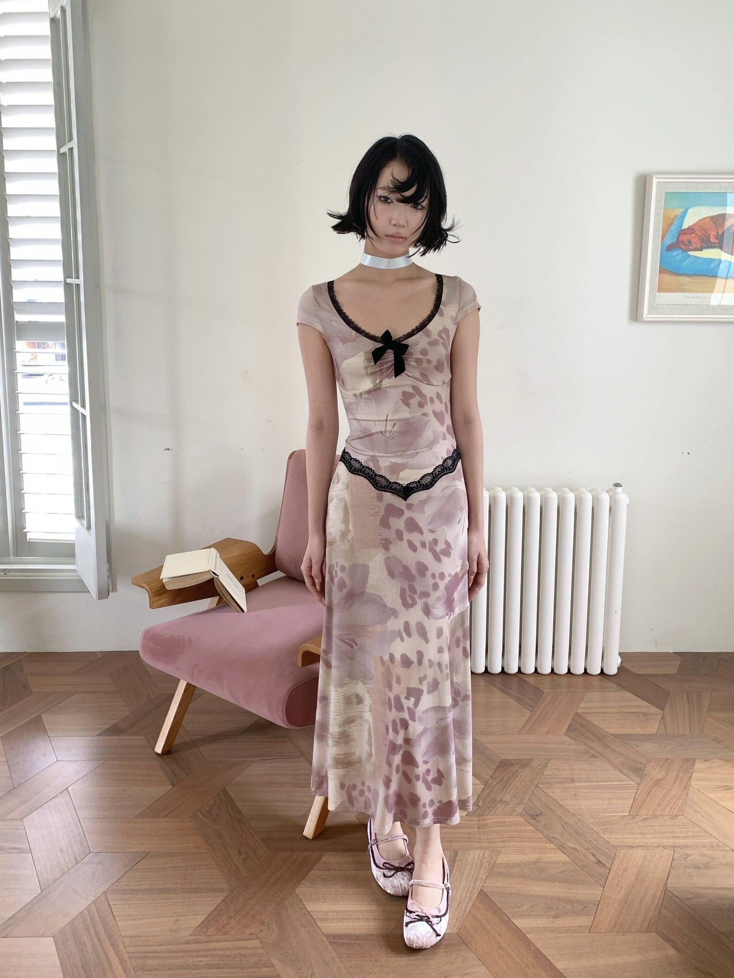 4RE1GN Vintage Lace Splice Leopard Floral Print Women's Casual Maxi Dresses