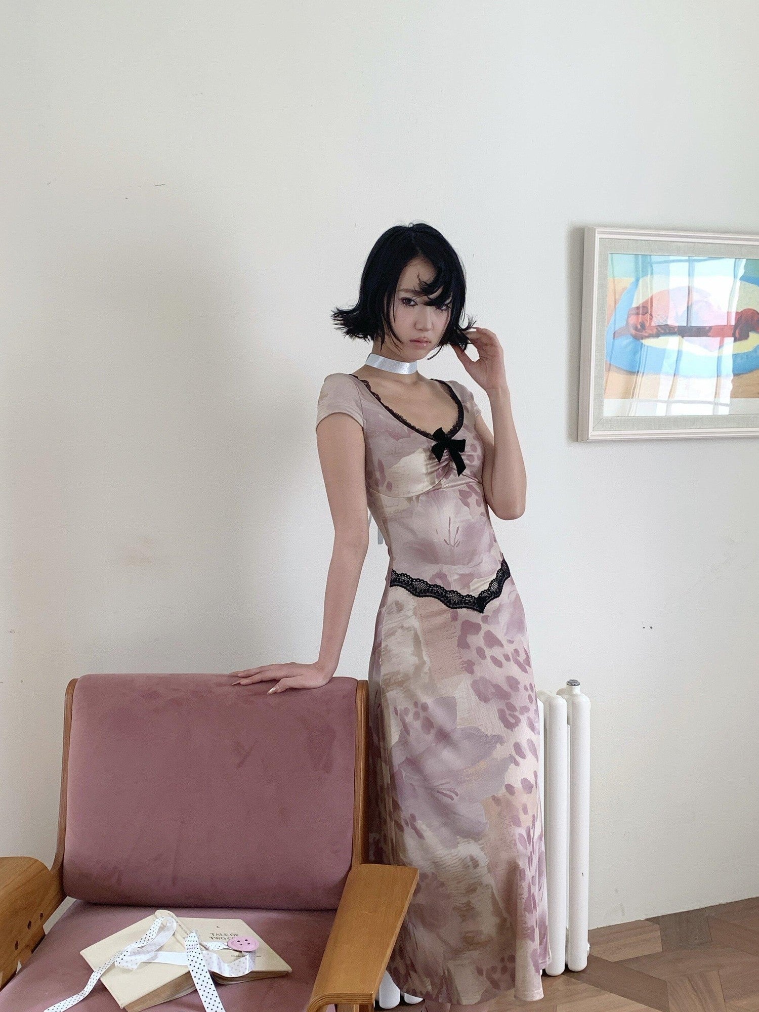 4RE1GN Vintage Lace Splice Leopard Floral Print Women's Casual Maxi Dresses