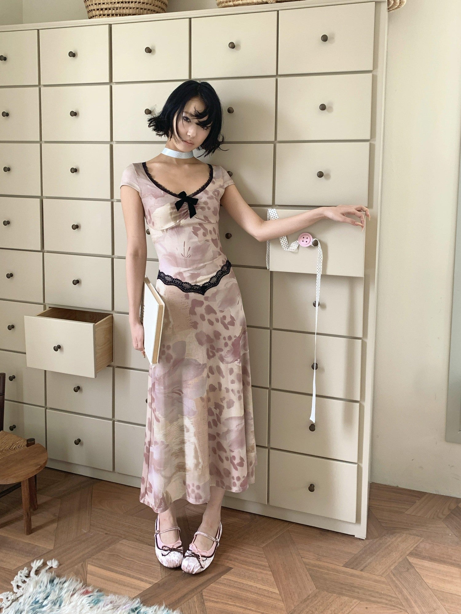 4RE1GN Vintage Lace Splice Leopard Floral Print Women's Casual Maxi Dresses