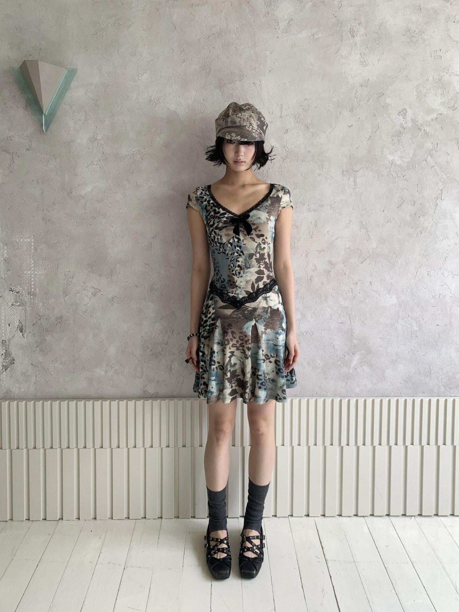 4RE1GN Vintage Leopard Floral Print Lace Splice Women's Polyester Casual Midi Dresses