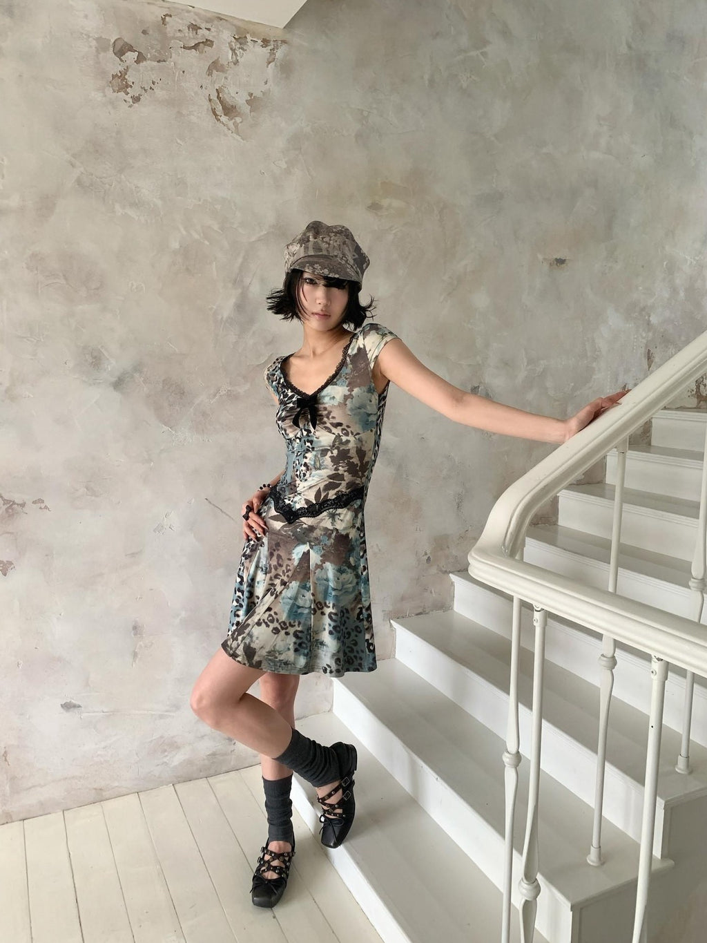 4RE1GN Vintage Leopard Floral Print Lace Splice Women's Polyester Casual Midi Dresses