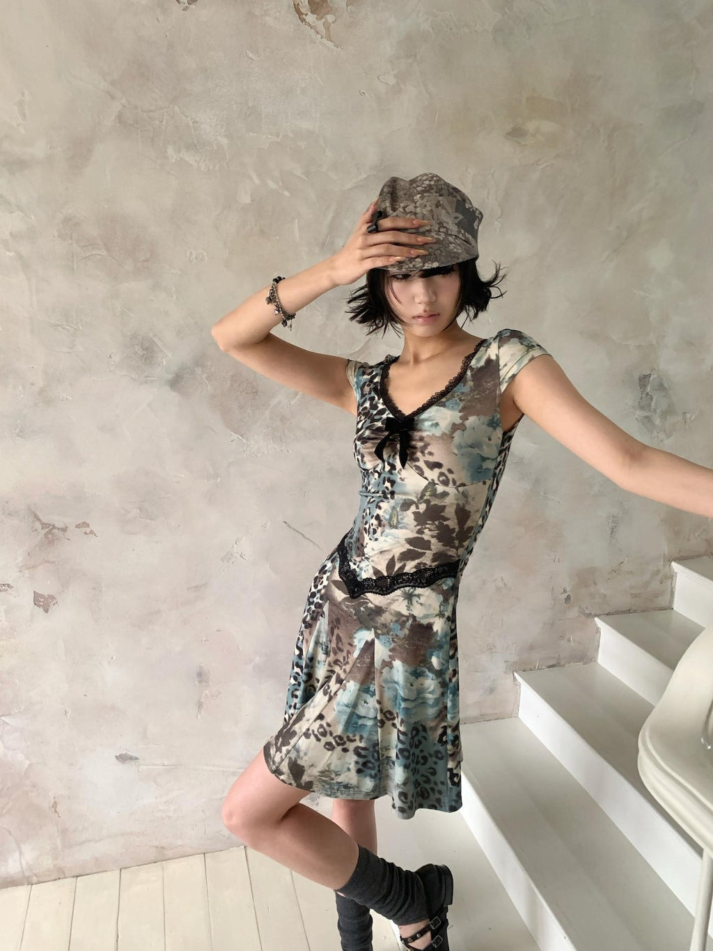 4RE1GN Vintage Leopard Floral Print Lace Splice Women's Polyester Casual Midi Dresses