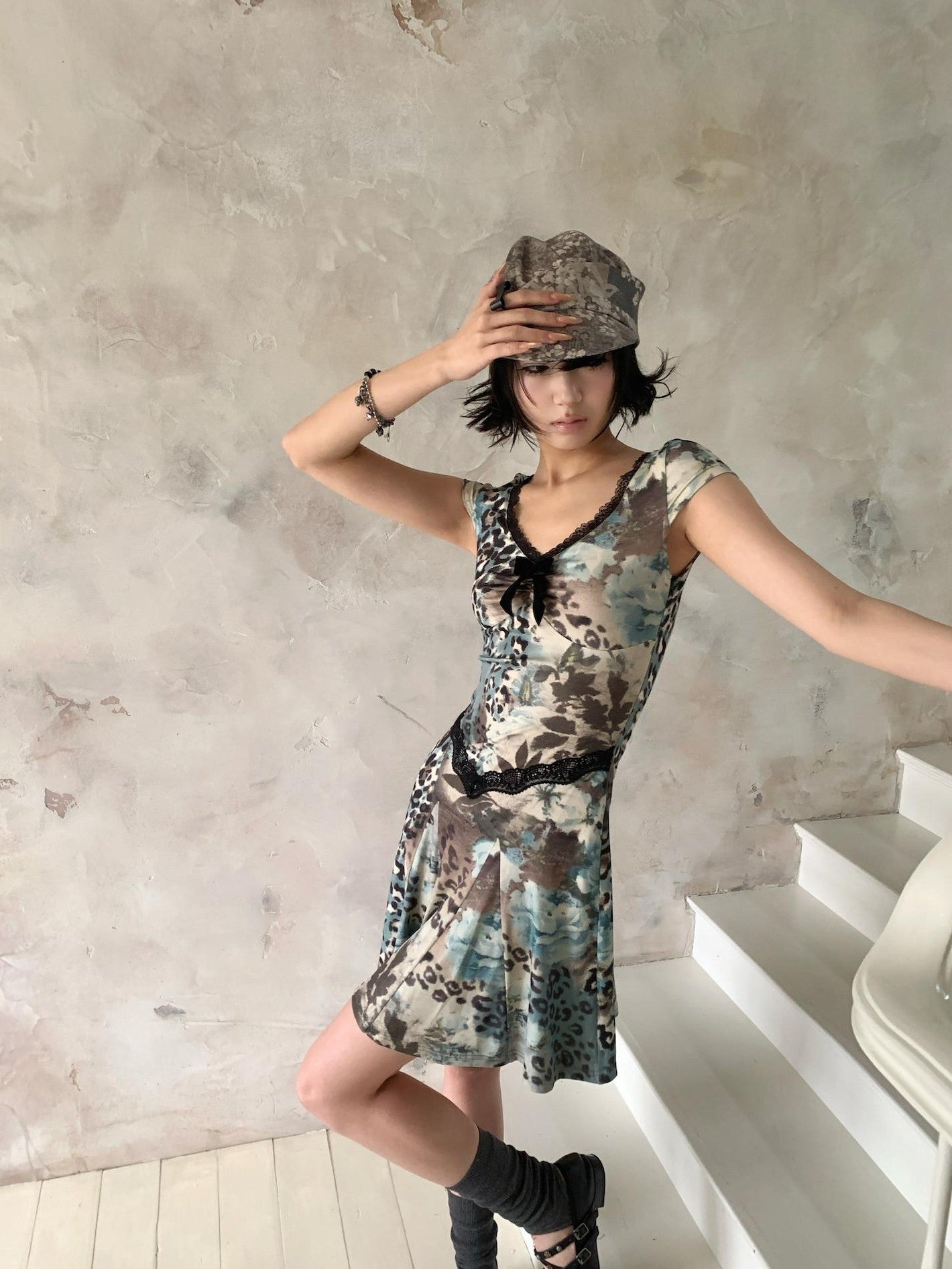 4RE1GN Vintage Leopard Floral Print Lace Splice Women's Polyester Casual Midi Dresses