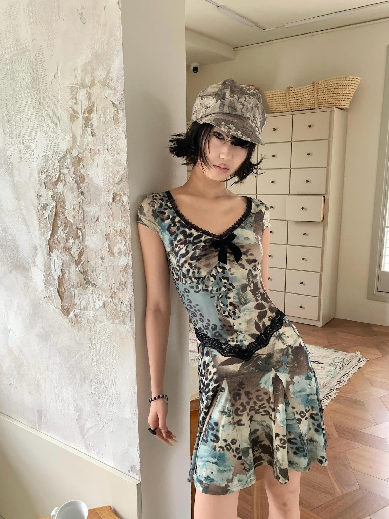 4RE1GN Vintage Leopard Floral Print Lace Splice Women's Polyester Casual Midi Dresses