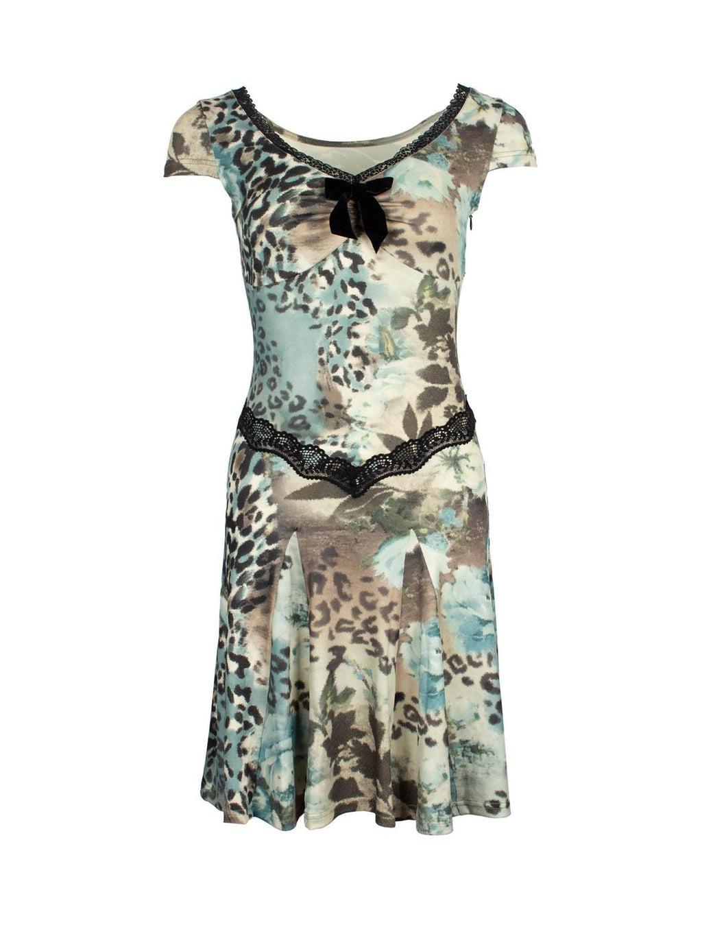 4RE1GN Vintage Leopard Floral Print Lace Splice Women's Polyester Casual Midi Dresses