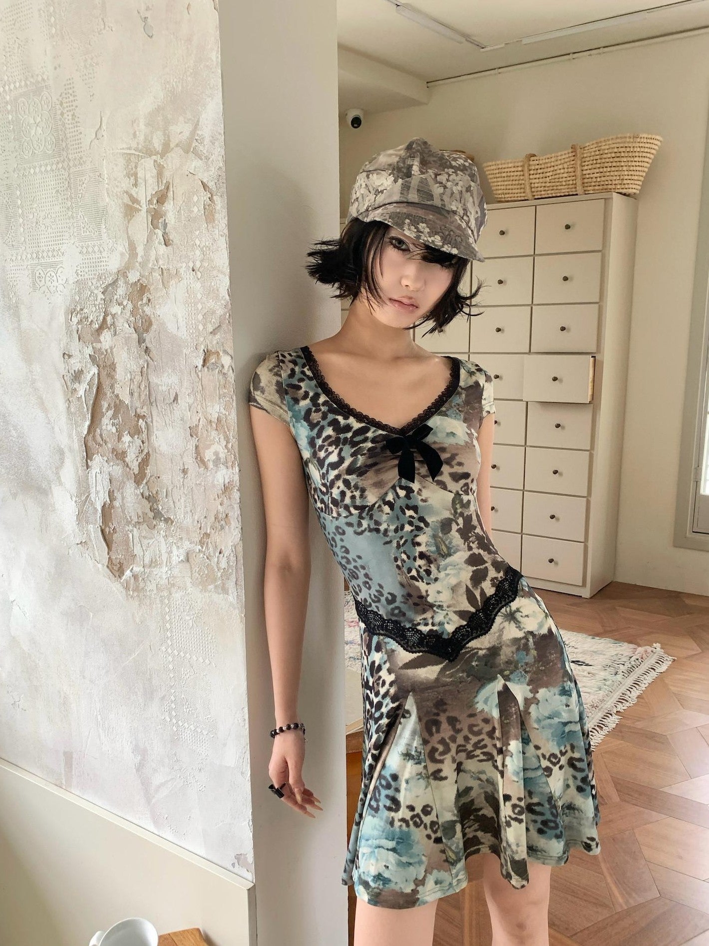 4RE1GN Vintage Leopard Floral Print Lace Splice Women's Polyester Casual Midi Dresses