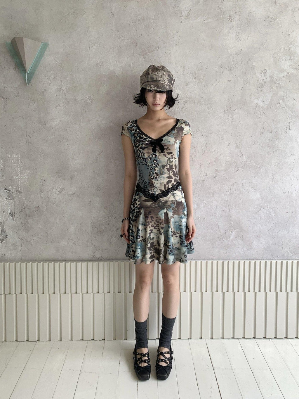 4RE1GN Vintage Leopard Floral Print Lace Splice Women's Polyester Casual Midi Dresses