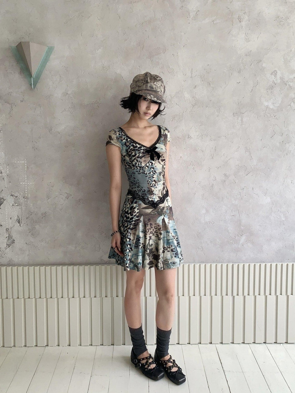4RE1GN Vintage Leopard Floral Print Lace Splice Women's Polyester Casual Midi Dresses