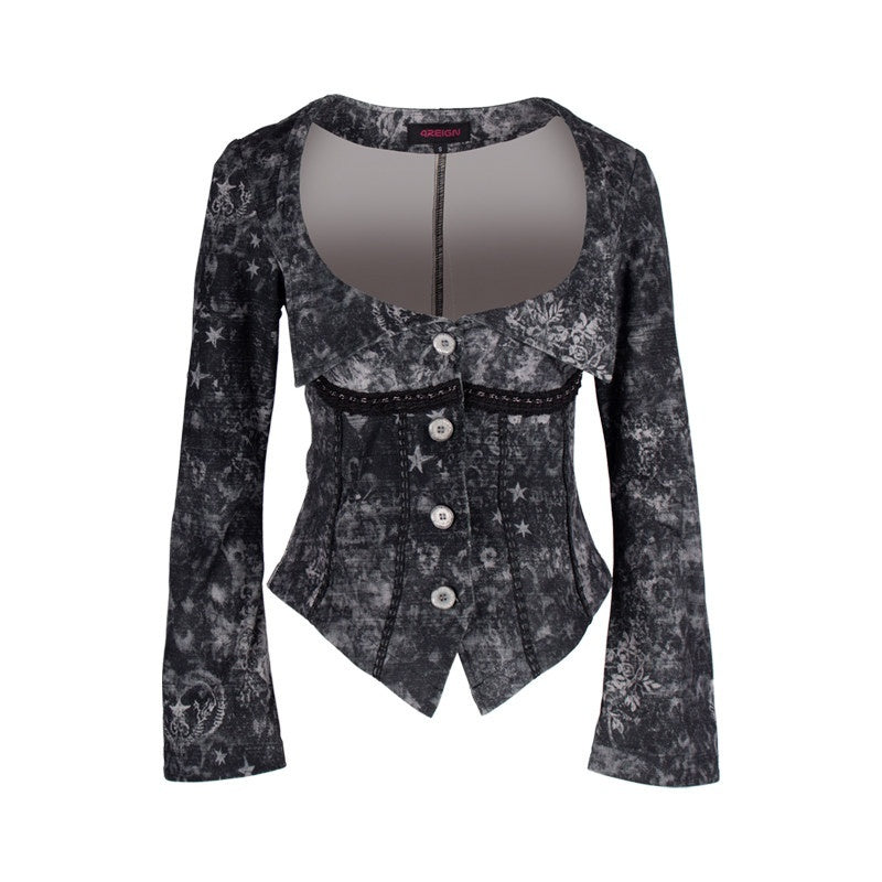 4RE1GN_Vintage_Mystic_Pattern_Print_Lapel_Cinched_Waist_Women's_Casual_Jackets_900007582293_MISSTT