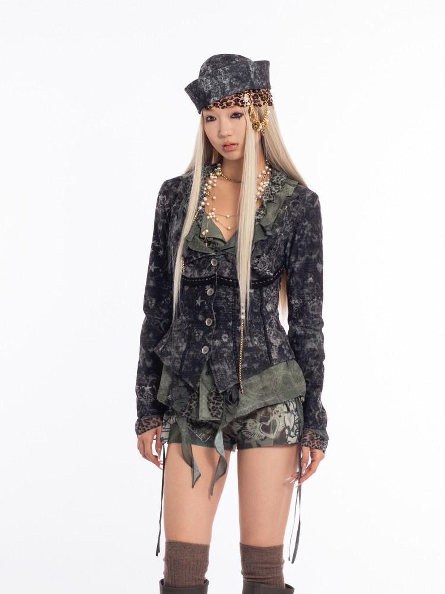 4RE1GN Vintage Mystic Pattern Print Lapel Cinched Waist Women's Casual Jackets