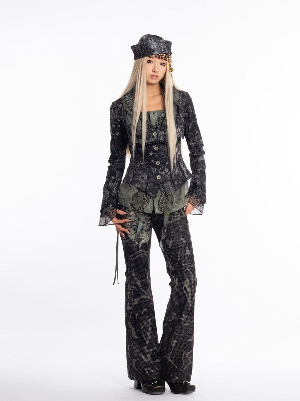 4RE1GN Vintage Mystic Pattern Print Lapel Cinched Waist Women's Casual Jackets