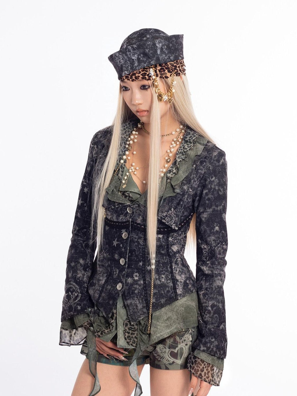 4RE1GN Vintage Mystic Pattern Print Lapel Cinched Waist Women's Casual Jackets