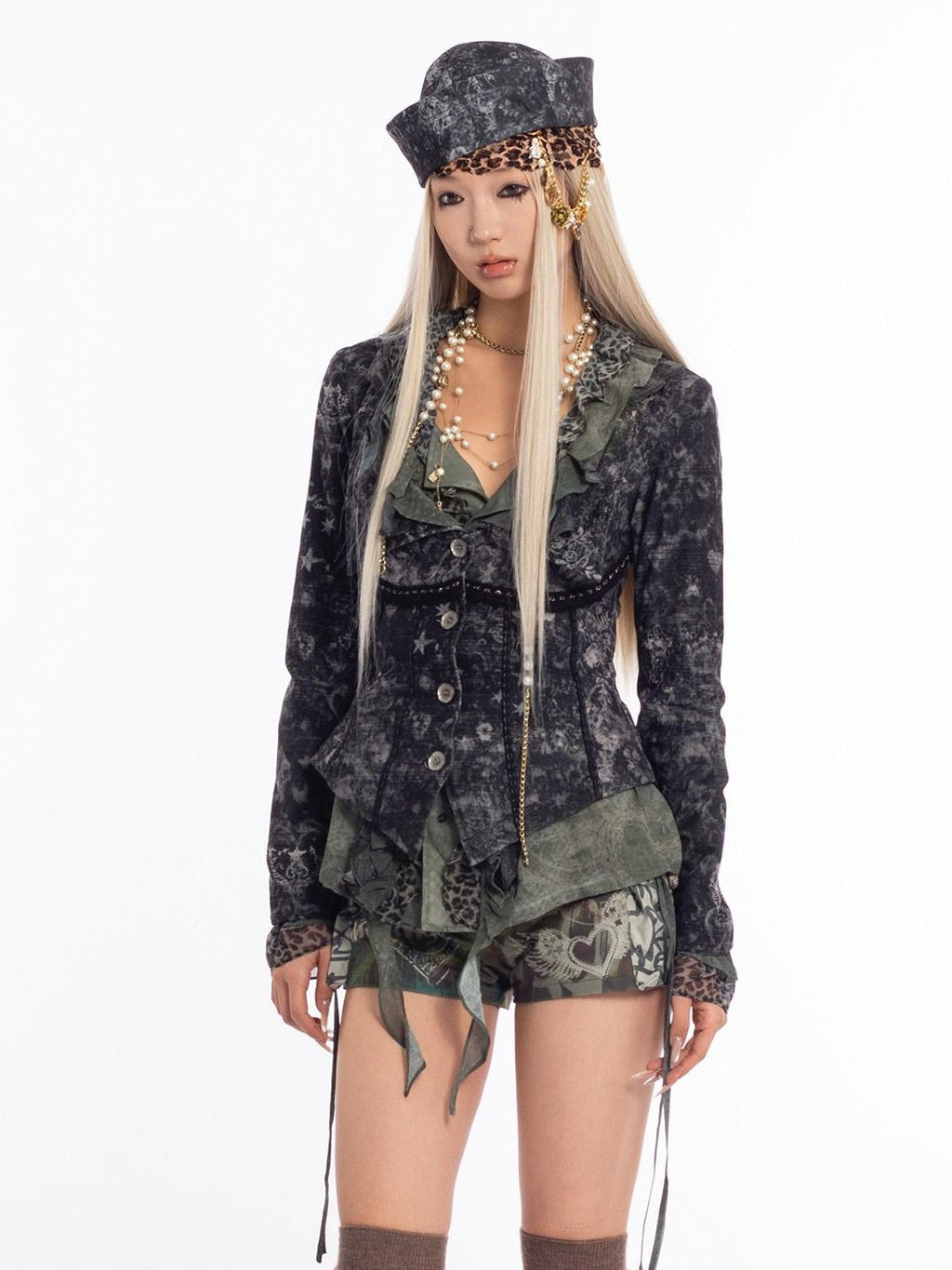 4RE1GN Vintage Mystic Pattern Print Lapel Cinched Waist Women's Casual Jackets