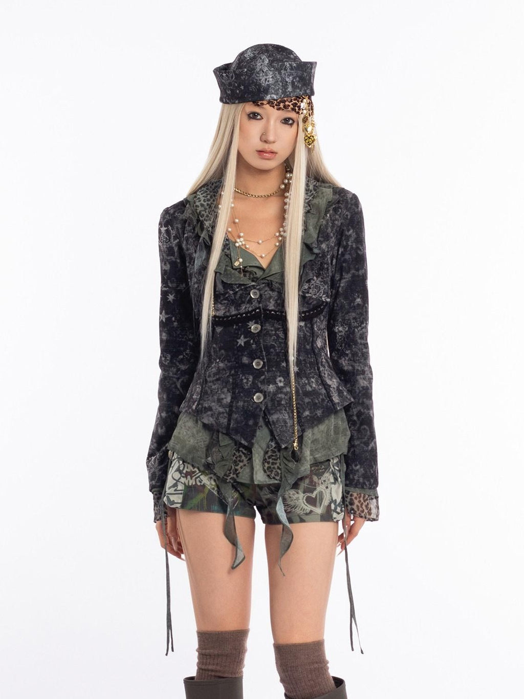 4RE1GN Vintage Mystic Pattern Print Lapel Cinched Waist Women's Casual Jackets